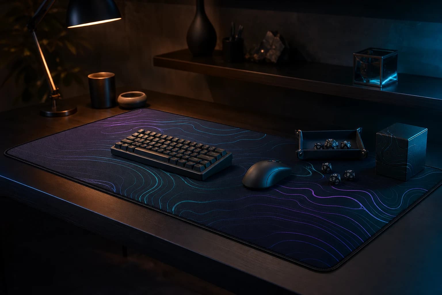 Gaming desk with a printed desk mat, keyboard, mouse and tabletop accessories